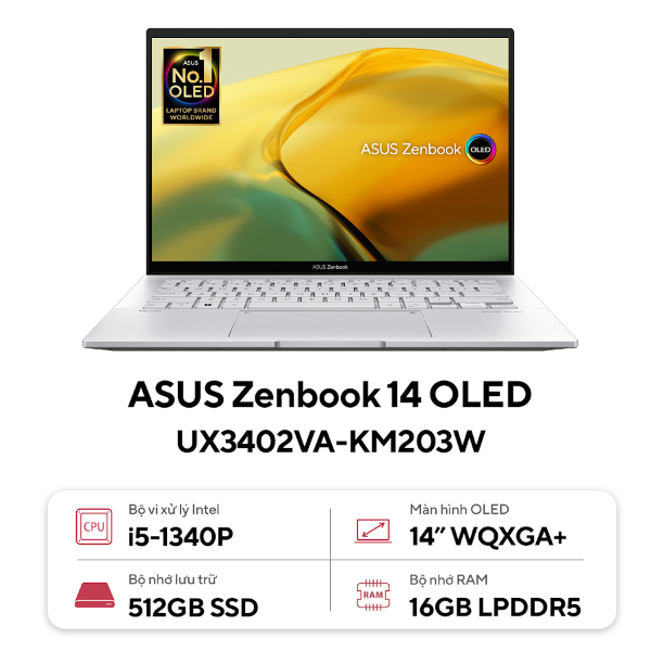 Laptop Asus Zenbook UX3402VA-KM203W (Core i5 1340P/ 16GB/ 512GB SSD/ Intel Iris Xe Graphics/ 14.0inch WUXGA+/ Windows 11 Home/ Silver/ Vỏ nhôm/ Túi Sleeve, USDB-A to RJ45)