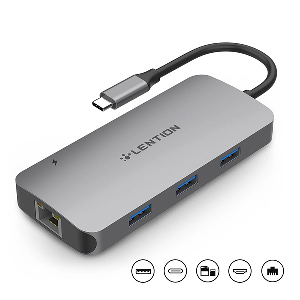 Bộ chuyển Lention CE57se USB-C 9 trong 1 USB Type-C sang 3 cổng USB 3.0, USB Type-C, HDMI, RJ45, SD card và cổng sạc PD (Màu xám)