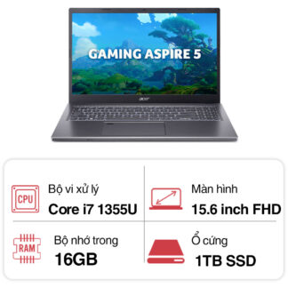 Laptop Acer Aspire A515-58P-71EJ NX.KHJSV.00A (Core i7 1355U/ 16GB/ 1TB SSD/ Intel UHD Graphics/ 15.6inch Full HD/ Windows 11 Home/ Gray/ Vỏ nhôm/ 1 Year)