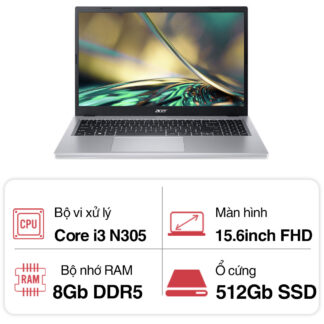 Laptop Acer Aspire A315-510P-34XZ NX.KDHSV.006 (Core i3 N305/ 8GB/ 512GB SSD/ Intel UHD Graphics/ 15.6inch Full HD/ Windows 11 Home/ Silver/ Nhôm/ 1 Year)