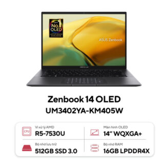 Laptop Asus Zenbook 14 OLED UM3402YA-KM405W (R5 7530U/ 16GB/ 512GB SSD/14 inch 2.8K/Win11/ Black/ Vỏ nhôm/ Túi Sleeve)