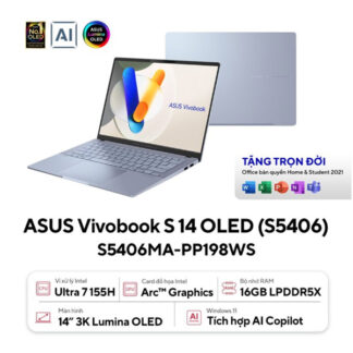 Laptop Asus Vivobook S14 OLED S5406MA-PP198WS (Ultra 7 155H/ 16GB/ 512GB SSD/ 14 inch 3K/ 120Hz/ Win 11/ Office/ Xanh/ Vỏ nhôm)