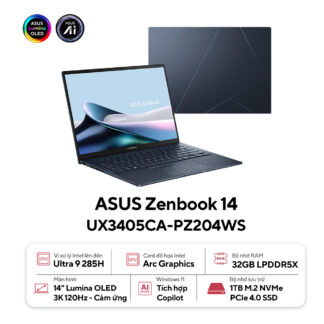 Laptop Asus Zenbook 14 UX3405CA-PZ204WS (Ultra 9 285H/ 32GB/ 1TB SSD/ 14 inch 3K Touch/ 120Hz/ Win 11/ Office/ Blue/ Vỏ nhôm/ Bút/ Túi)