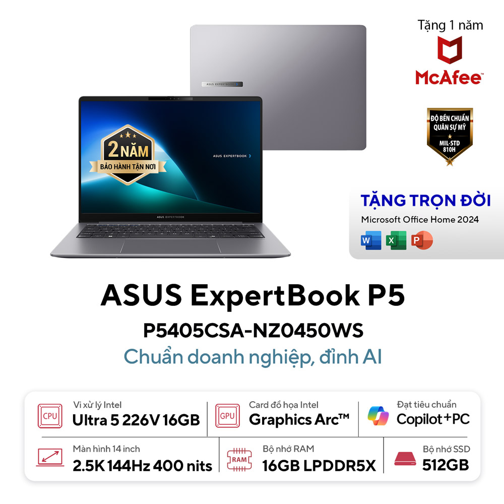 Laptop Asus ExpertBook P5405CSA-NZ0450WS (Ultra 5 226V/ 16GB/ 512GB SSD/ 14 inch WQXGA/ 144Hz/ Win 11/ Office/ Grey/ Vỏ nhôm/ Chuột/ Túi)