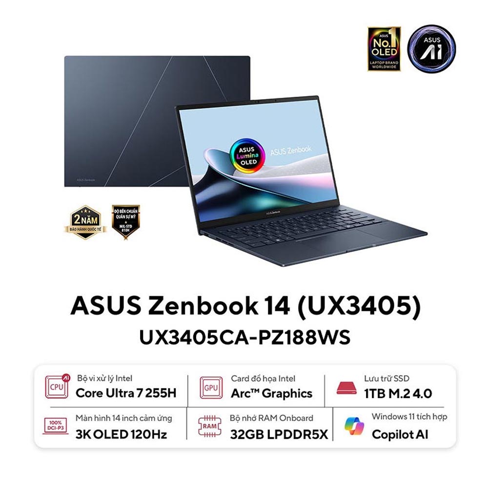 Laptop Asus Zenbook 14 OLED UX3405CA-PZ188WS (Ultra 7 255H/ 32GB/ 1TB SSD/ 14 inch 3K Touch/ 120Hz/ Win 11/ Office/ Blue/ Vỏ nhôm/ Bút/ Túi)