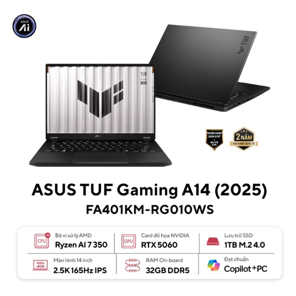 Laptop Asus TUF Gaming A14 FA401KM-RG010WS (AI 7 350/ 32GB/ 1TB SSD/ RTX 5060 8GB/ 14 inch 2.5K/ 165Hz/ Win 11/ Office/ Gray/ Vỏ nhôm)