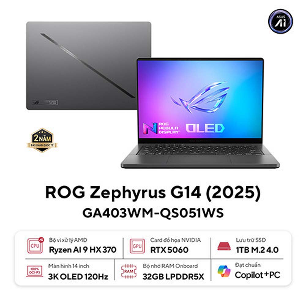 Laptop Asus Gaming ROG Zephyrus GA403WM-QS051WS (AI 9 HX 370/ 32GB/ 1TB SSD/ RTX 5060 8GB/ 14 inch 3K/ 120Hz/ Win 11/ Office/ Grey/ Túi/ Sạc nhanh/ Vỏ nhôm)